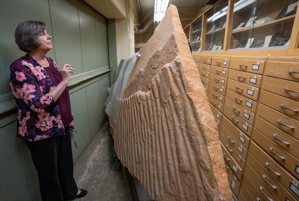 President and CEO Ellen Censky is shown in Maya 2022 with a 500 million-year-old sandstone slab fossil that is among the 800,000 items in the geology collection at the Milwaukee Public Museum, 800 W. Wells St. This fossil was found in Marathon County. Most of the geology collection is fossils from the region.