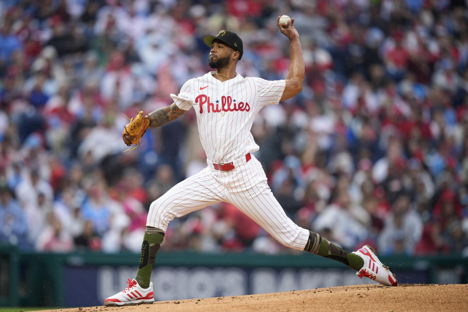 Philadelphia Phillies' Cristopher Sanchez pitches during the first inning of a baseball game against the Washington Nationals, Saturday, May 18, 2024, in Philadelphia. (AP Photo/Matt Slocum)