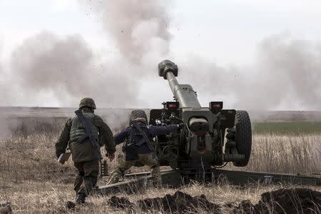 Ukraine's voluntary militia called the Azov Battalion holds artillery training in east Ukraine's village of Urzuf that sits west of the port city of Mariupol on the Azov Sea, March 19, 2015. REUTERS/Marko Djurica