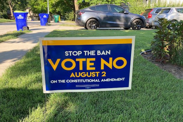 PHOTO: A sign in a yard in Merriam, Kansas, urges voters to oppose a proposed amendment to the Kansas Constitution to allow legislators to further restrict or ban abortion, July 14, 2022. (John Hanna/AP)