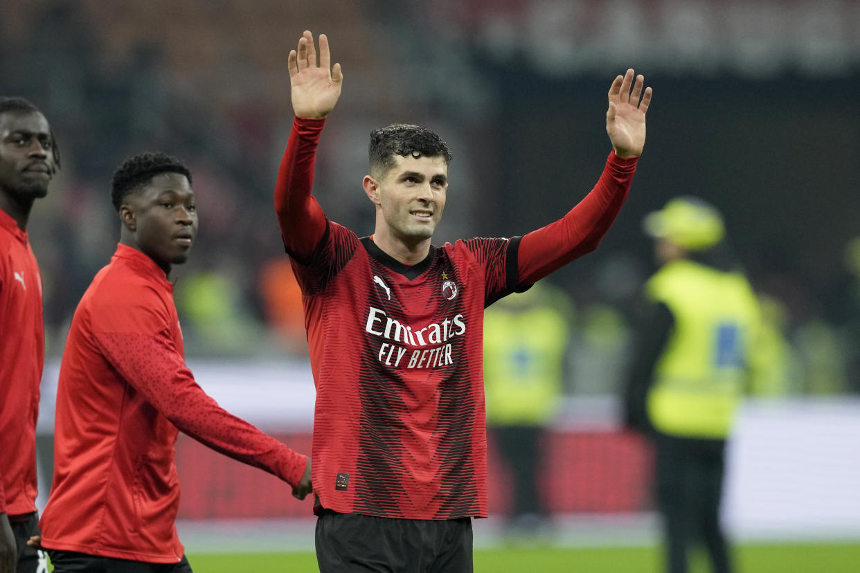 AC Milan's Christian Pulisic gestures at the end of the Serie A soccer match between AC Milan and Sassuolo at the San Siro stadium, in Milan, Italy, Saturday, Dec. 30, 2023. Pulisic scored the goal in Milan's 1-0 win. (AP Photo/Antonio Calanni)