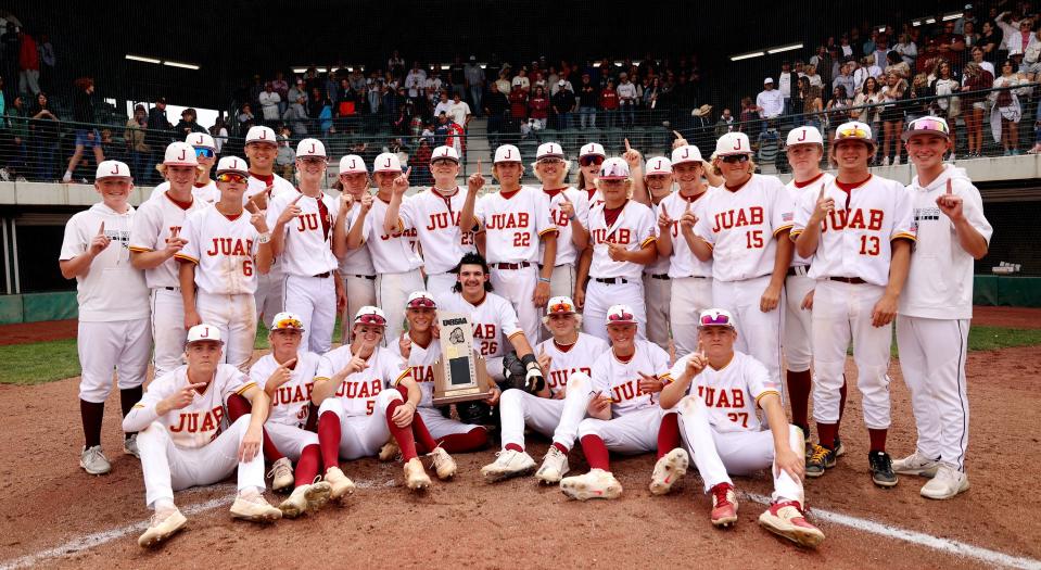 Juab players pose at home plate after defeating Juan Diego Catholic High School for the 3A baseball championship at Kearns High on Saturday, May 13, 2023. Juab won 7-4. | Scott G Winterton, Deseret News