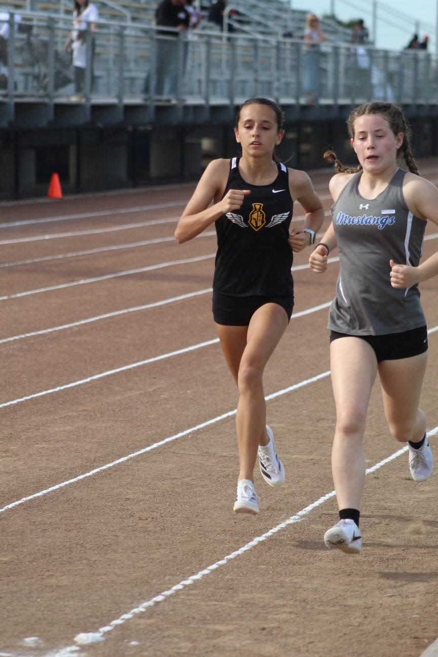 Lathrop's Mackenzie Collins runs in a distance race during one of the Spartans track meets during the 2023-24 season.