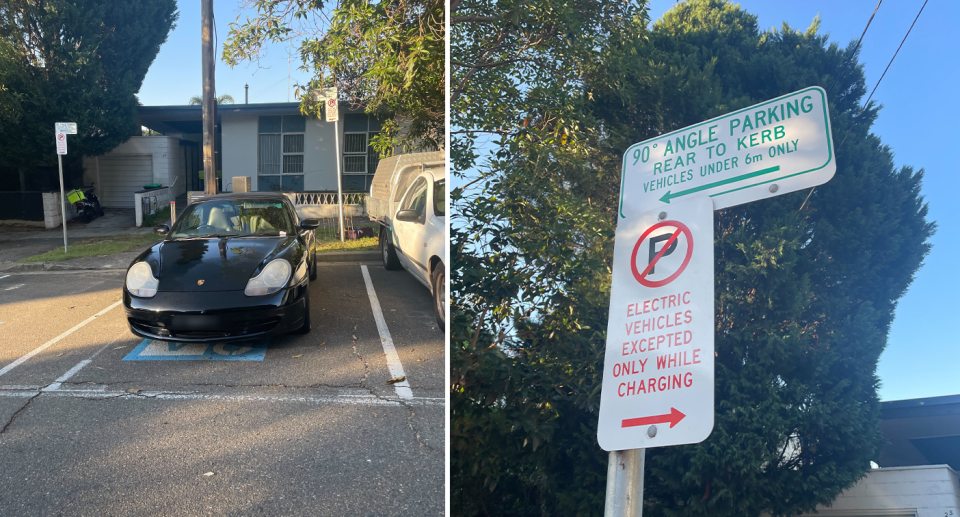 Left - and illegally parked Porsche in an EV charging space in Bellevue Hill. Right - a sign designating the space for EV charging only.
