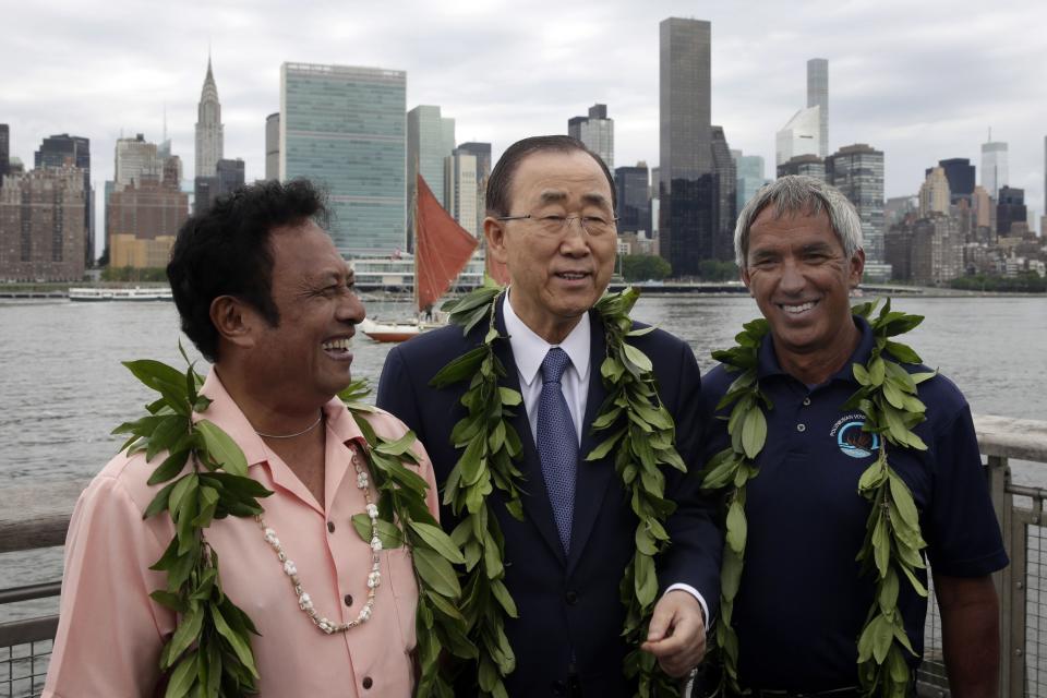 Palau President Tommy Remengesau, left, then-United Nations Secretary-General Ban Ki-moon, center, and <span class="caas-xray-inline-tooltip"><span class="caas-xray-inline caas-xray-entity caas-xray-pill rapid-nonanchor-lt" data-entity-id="Nainoa_Thompson" data-ylk="cid:Nainoa_Thompson;pos:1;elmt:wiki;sec:pill-inline-entity;elm:pill-inline-text;itc:1;cat:Person;" tabindex="0" aria-haspopup="dialog"><a href="https://search.yahoo.com/search?p=Nainoa%20Thompson" data-i13n="cid:Nainoa_Thompson;pos:1;elmt:wiki;sec:pill-inline-entity;elm:pill-inline-text;itc:1;cat:Person;" tabindex="-1" data-ylk="slk:Nainoa Thompson;cid:Nainoa_Thompson;pos:1;elmt:wiki;sec:pill-inline-entity;elm:pill-inline-text;itc:1;cat:Person;" class="link ">Nainoa Thompson</a></span></span>, president of the Polynesian Voyaging Society, pose for photos before ceremonies for the observance of World Oceans Day, in the Queens borough of New York, Wednesday, June 8, 2016. | Richard Drew, Associated Press