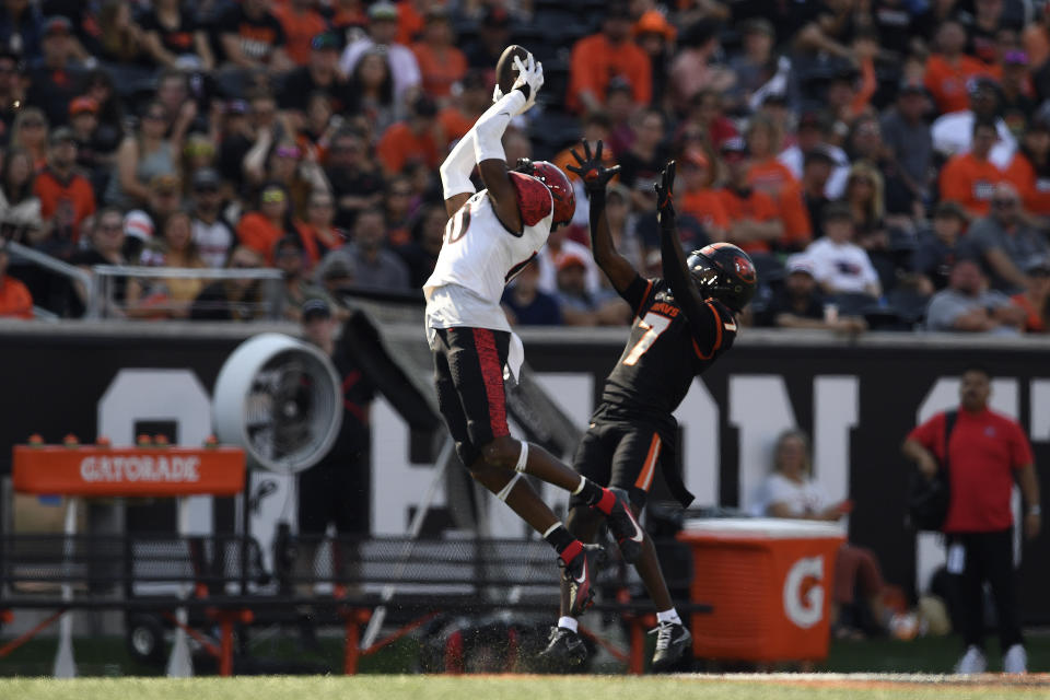 San Diego State cornerback Noah Tumblin (10) intercepts a pass in front of Oregon State wide receiver Silas Bolden (7) during the second half of an NCAA college football game Saturday, Sept. 16, 2023, in Corvallis, Ore. (AP Photo/Mark Ylen)