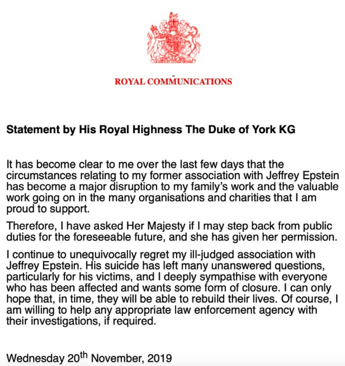 The Duke of York announced his decision to step down from royal duties on Wednesday night (Twitter)