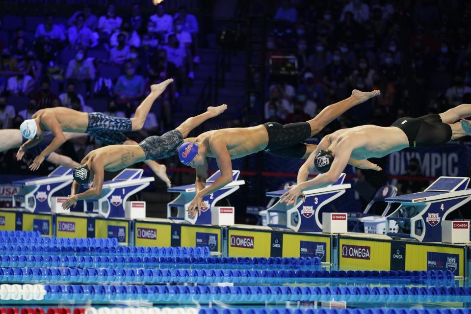 The start of the Men's 400 Freestyle during wave 2 of the U.S. Olympic Swim Trials on Sunday, June 13, 2021, in Omaha, Neb. (AP Photo/Charlie Neibergall)