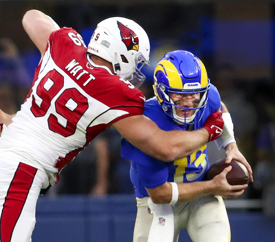 Los Angeles, CA - November 13: Cardinals defensive end J.J. Watt sacks Rams backup quarterback John Wolford, #13, in the first half at SoFi Stadium, Los Angeles, CA on Sunday, Nov. 13, 2022. (Allen J. Schaben / Los Angeles Times via Getty Images) The Rams lost 27-17.