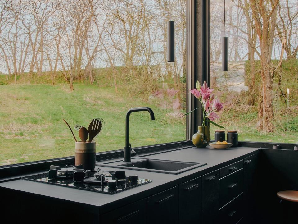 Windows that show the outside trees and fields from inside the Raus kitchen