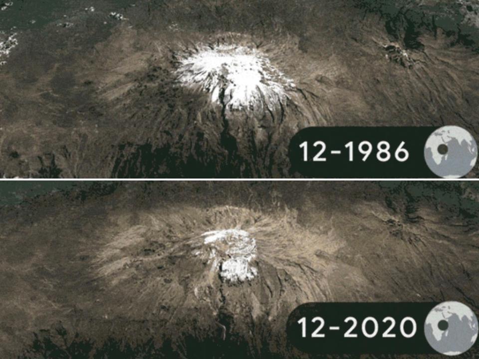 Images taken each December annually from 1986 to 2020 show glacier retreat at the summit of Mt. Kilimanjaro (Google)
