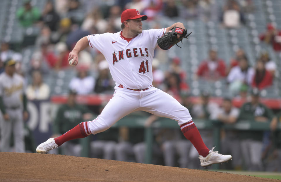 Los Angeles Angels starting pitcher Carson Fulmer (41) delivers during the first inning of a baseball game against the Oakland Athletics Sunday, Oct. 1, 2023, in Anaheim. (AP Photo/John McCoy)