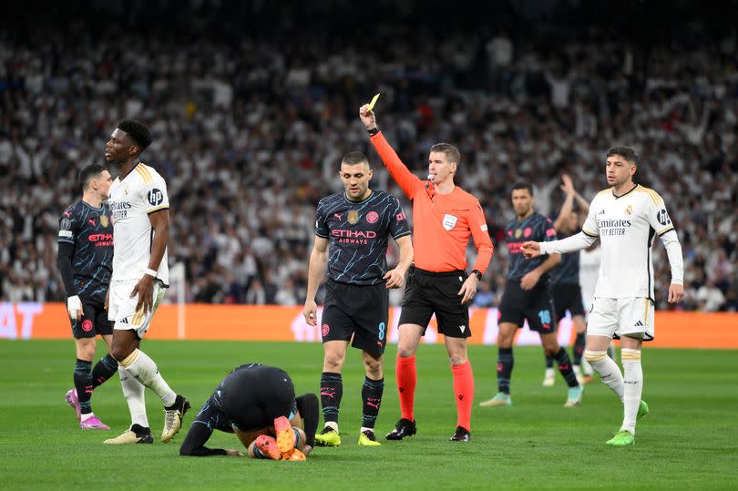 Aurelien Tchouameni reacts after being booked during Real Madrid's clash with Manchester City