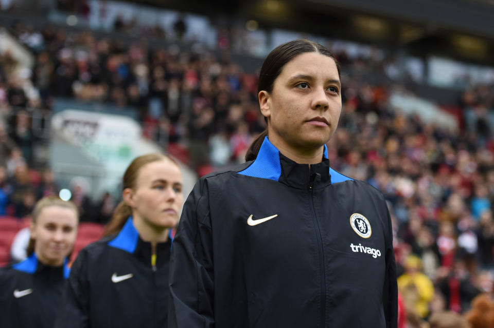 Sam Kerr  walks out for Chelsea.