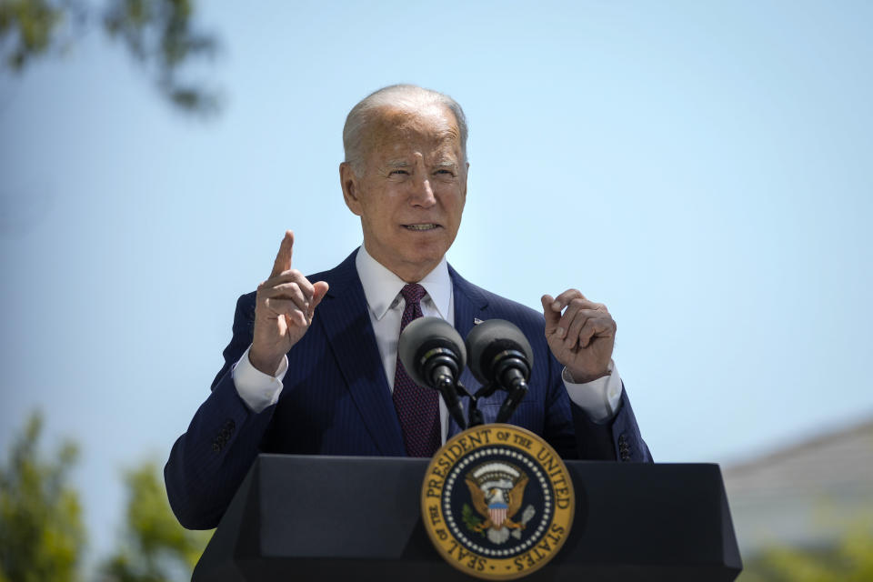 WASHINGTON, DC - APRIL 27: U.S. President Joe Biden speaks about updated CDC mask guidance on the North Lawn of the White House on April 27, 2021 in Washington, DC. President Biden announced updated CDC guidance, saying vaccinated Americans do not need to wear a mask outside when in small groups.  (Photo by Drew Angerer/Getty Images)
