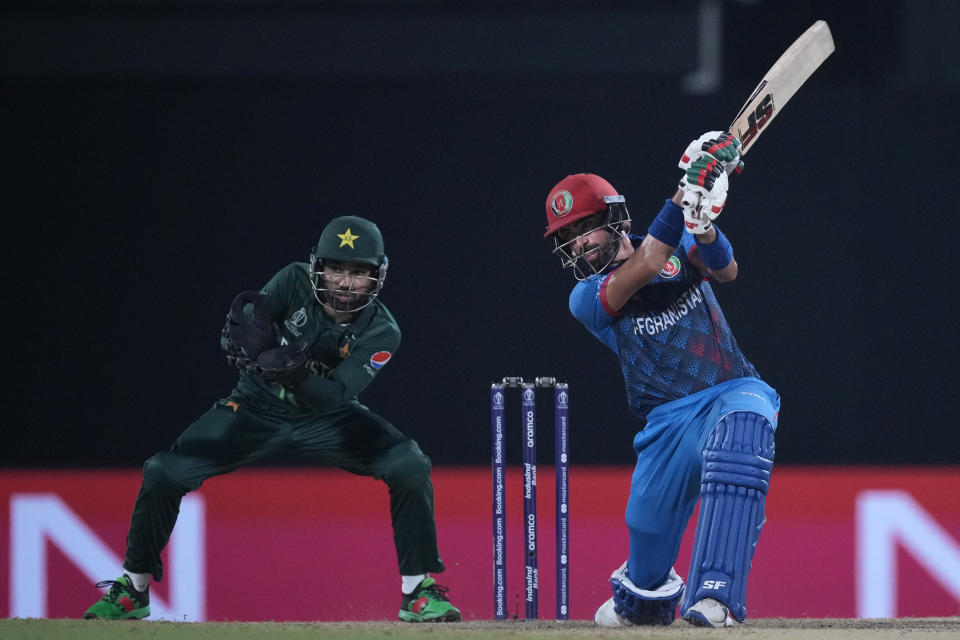 Afghanistan's Ibrahim Zardan plays a shot during the ICC Men's Cricket World Cup match between Pakistan and Afghanistan in Chennai , India, Monday, Oct. 23, 2023. (AP Photo/Anupam Nath)