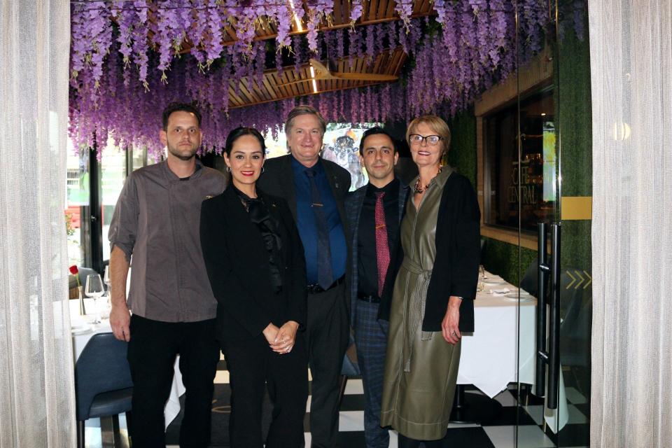 Cafe Central Executive Chef Kasey Kaplan, Diana Carrillo,Manager, Charles Jones, general manager, Francisco Gonzalez, wine director, and Estela Abelleyra, event coordinator, are thrilled the restaurant received the inaugural 2024 DiRōNA Gold Award of Excellence. The acronym stands for Distinguished Restaurants of North America.