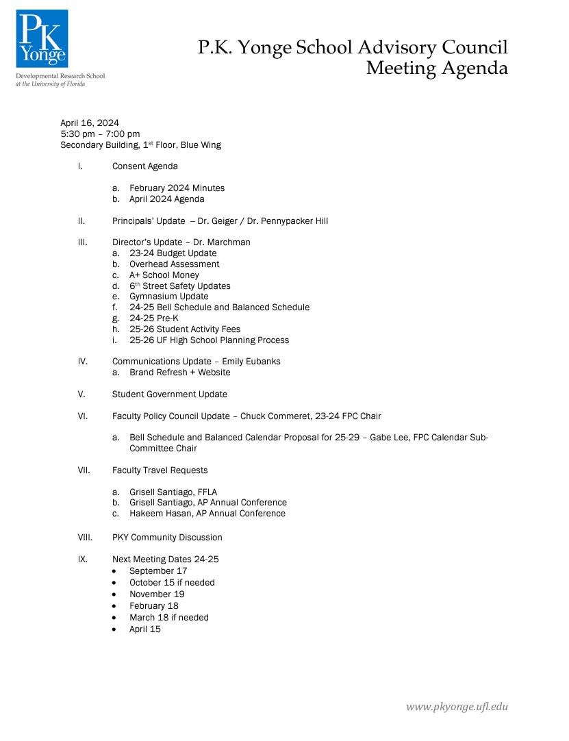 A screen grab of the agenda for PK Yonge's School Advisory Council meeting on Tuesday, April 16.