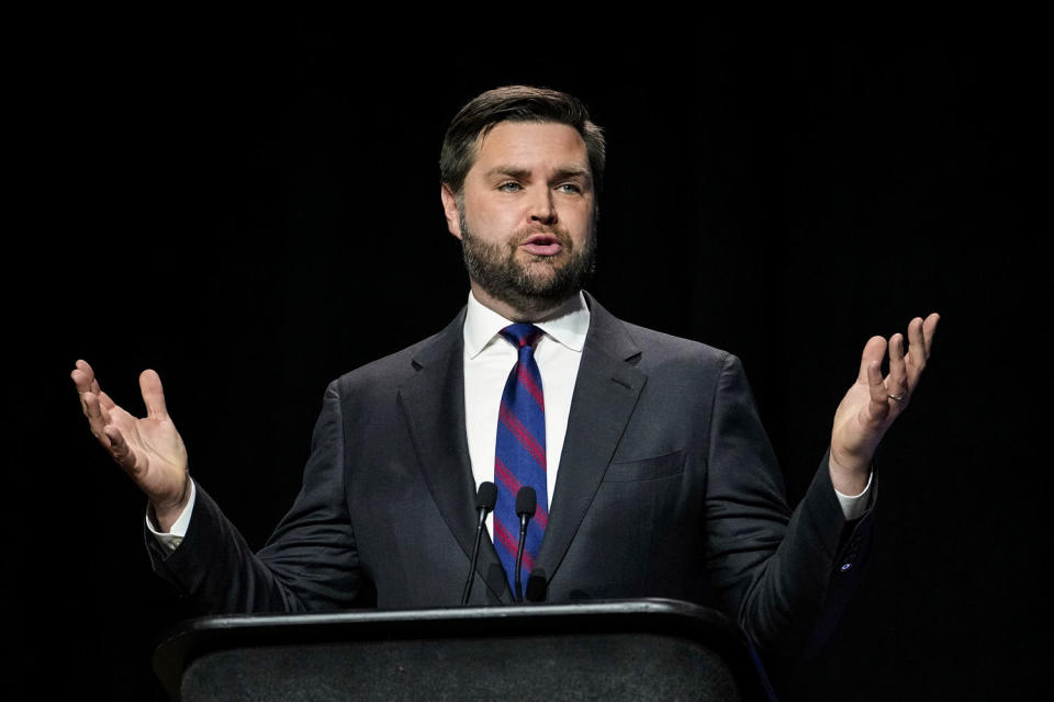 Senate Republican candidate J.D. Vance answers a question during Ohio's Republican primary debate on March 28, 2022, in Wilberforce. (Joshua A. Bickel / The Columbus Dispatch via AP file)