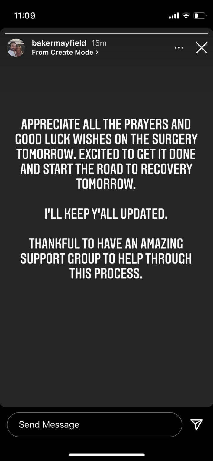 Cleveland Browns quarterback Baker Mayfield posted a message on the eve of his shoulder surgery on an Instagram story.