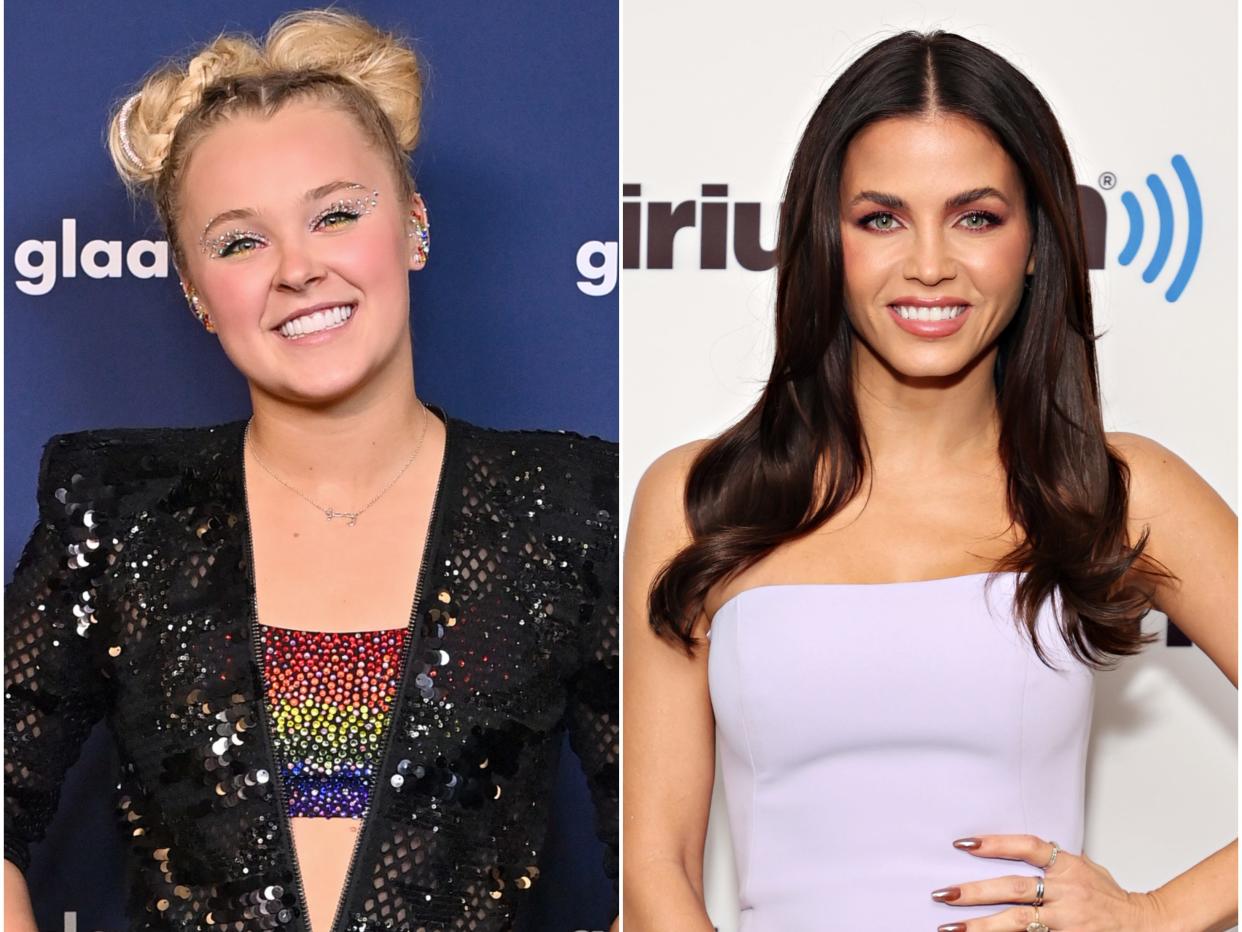 Split image of Jojo Siwa at the 2022 GLAAD Media Awards and Jenna Dewan on the SiriusXM celebrity red carpet.