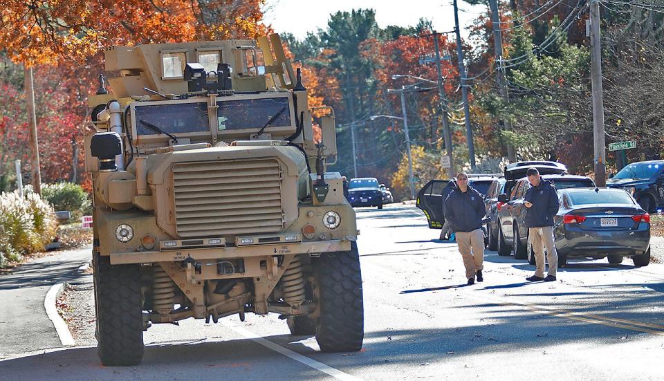 State Police investigate the crash involving an armored vehicle and a car Nov. 20, 2023. The accident claimed the life of Michelle Freestone, the car's driver.