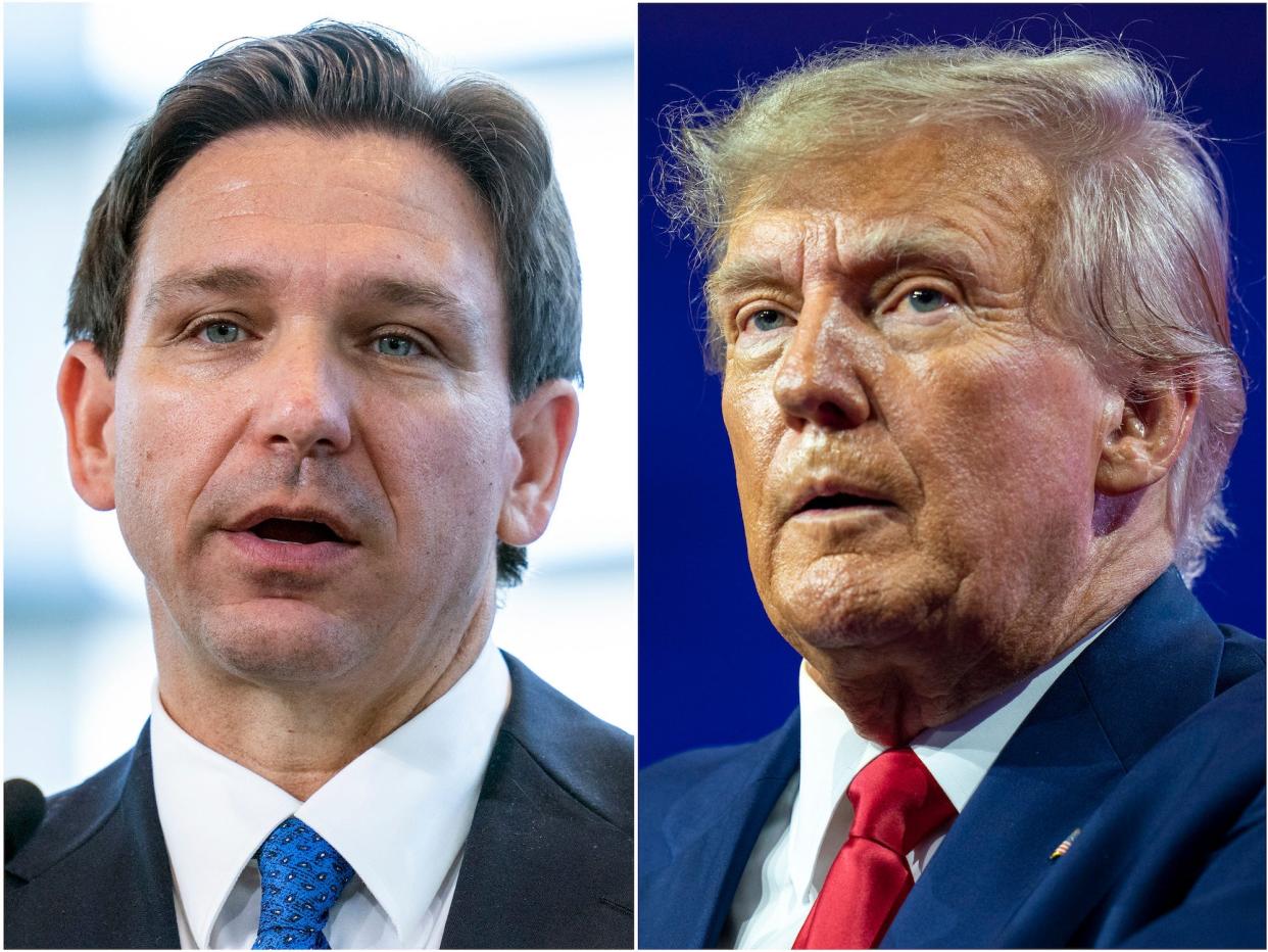 This combination of photos shows Florida Gov. Ron DeSantis speaking on April 21, 2023, in Oxon Hill, Maryland, left, and former President Donald Trump speaking on March 4, 2023, at National Harbor in Oxon Hill, Md. DeSantis and Trump will share the spotlight in Iowa on Saturday, May 13, providing a chance to sway influential conservative activists and contrast their campaign styles in Republicans' leadoff voting state.