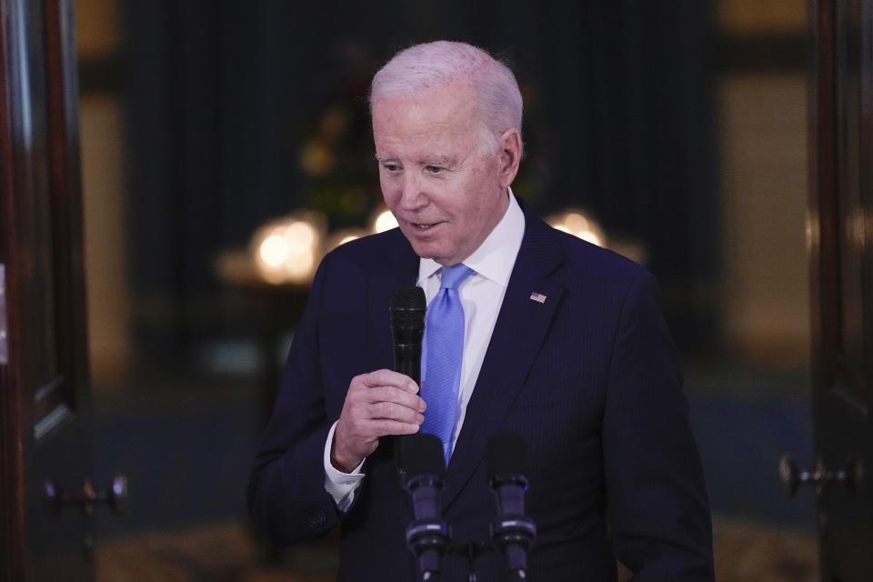 President Joe Biden speaks before a dinner for Combatant Commanders in the Cross Hall of the White House in Washington, Wednesday, May 3, 2023. (AP Photo/Susan Walsh)