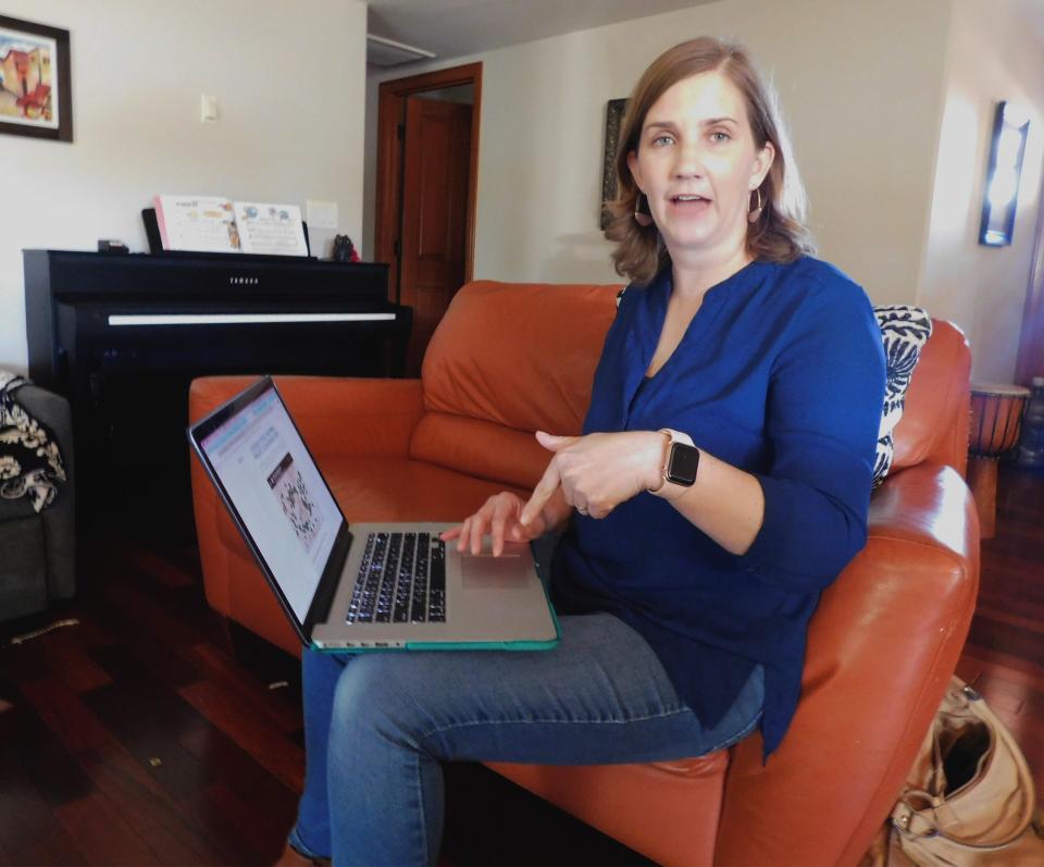 Melissa Bumstead, founder of Parents Against Santa Susana Field Lab, talks about a map on her laptop showing self-reported cancers around the Simi Hills site.