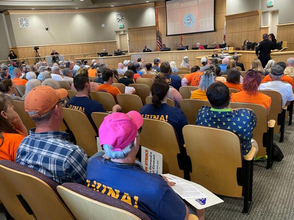 Members of the United Public Employees of California - Local 792 wait to speak in front of the Shasta County Board of Supervisors in Redding on May 16, 2023.