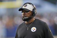 Pittsburgh Steelers coach Mike Tomlin watches during the first half of the team's Pro Football Hall of Fame NFL preseason game against the Dallas Cowboys, Thursday, Aug. 5, 2021, in Canton, Ohio. (AP Photo/Ron Schwane)