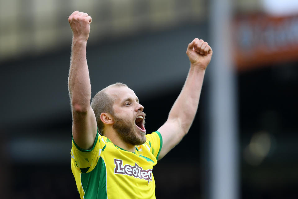 Teemu Pukki of Norwich City celebrates after scoring his team's fourth goal during the Sky bet Championship match between Norwich City and Queens Park Rangers