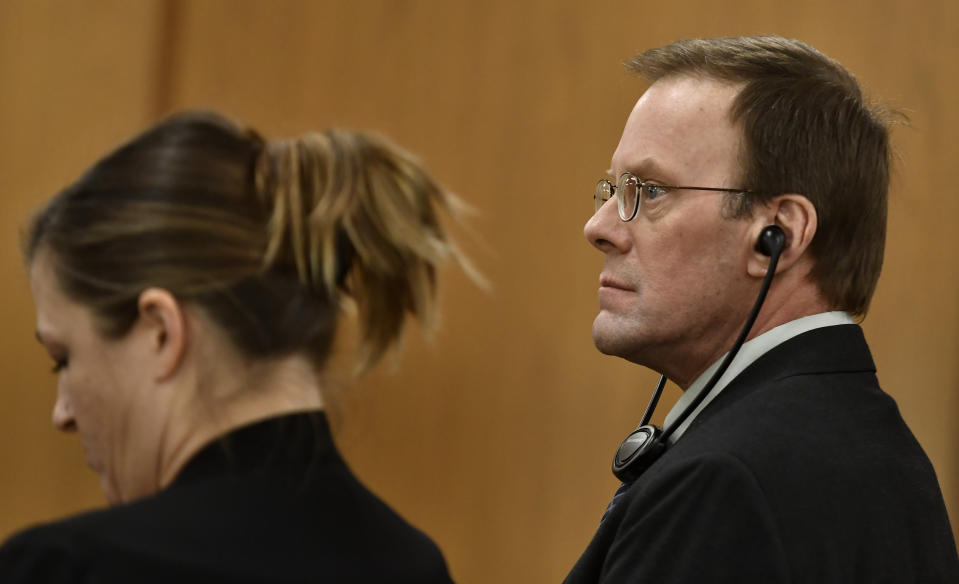 Mark Jensen watches as the judge polls the jury regarding his guilty verdict in his trial at the Kenosha County Courthouse on Wednesday, Feb. 1, 2023, in Kenosha, Wis. The Wisconsin Supreme Court ruled in 2021 that Jensen deserved a new trial in the 1998 death of his wife Julie Jensen, who was poisoned with antifreeze. (Sean Krajacic/The Kenosha News via AP, Pool)