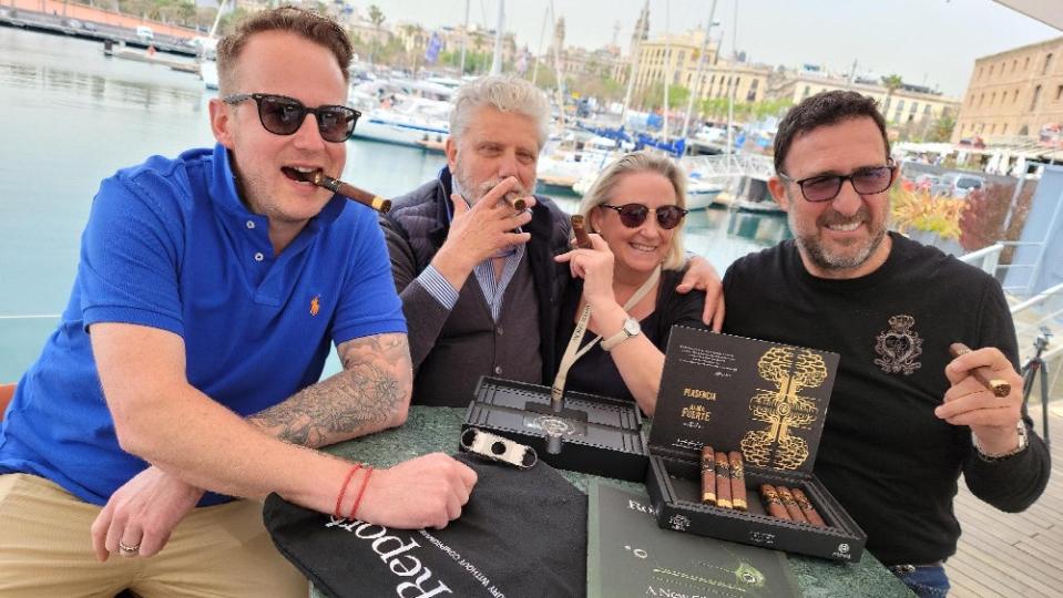 The celebrity chef judges from left: Mike Jennings, The Hospitality Hut; Antonio Mellino, Quattro Passi; Coralyn Tracey, MYBA executive officer; and Oscar Manresa, Torre d’Alta Mar, Barcelona, enjoying limited-edition cigars from Plasencia. - Credit: Courtesy MYBA