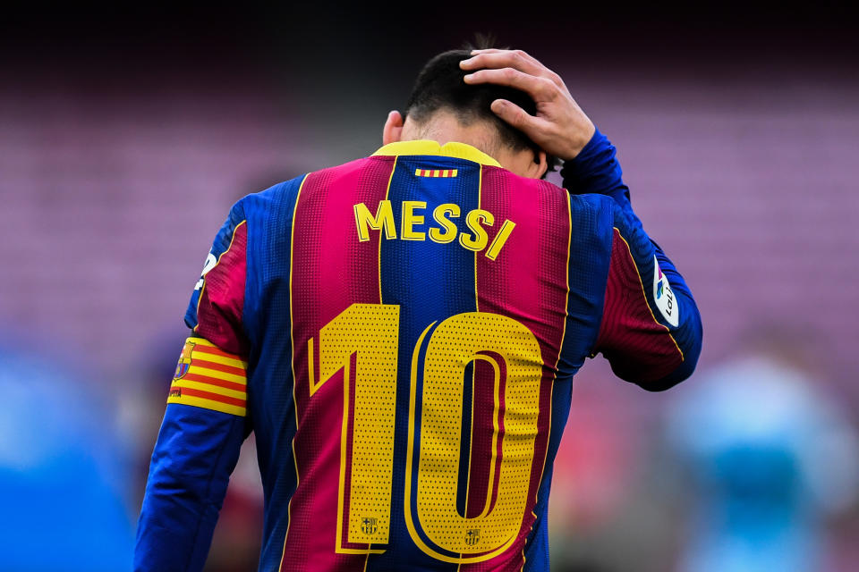 BARCELONA, SPAIN - MAY 16: Lionel Messi of FC Barcelona shows his dejection during the La Liga Santander match between FC Barcelona and RC Celta at Camp Nou on May 16, 2021 in Barcelona, Spain. Sporting stadiums around Spain remain under strict restrictions due to the Coronavirus Pandemic as Government social distancing laws prohibit fans inside venues resulting in games being played behind closed doors. (Photo by David Ramos/Getty Images)