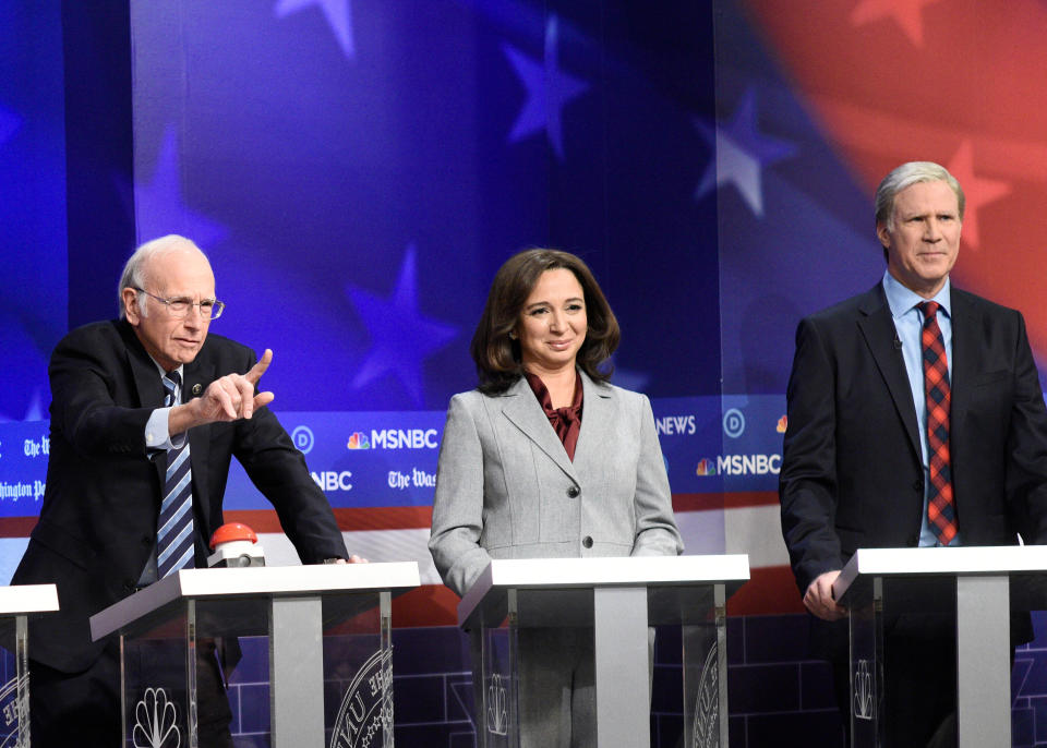 Larry David as Sen. Bernie Sanders (I-Vt.), Maya Rudolph as Sen. Kamala Harris (D-Calif.) and Will Ferrell as billionaire Tom Steyer on "SNL" on Nov. 23, 2019. (Photo: NBC via Getty Images)