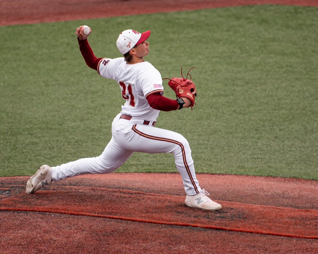 Former St. John's and Holy Cross star Tyler Mudd throws a pitch during a recent relief appearance for Boston College.