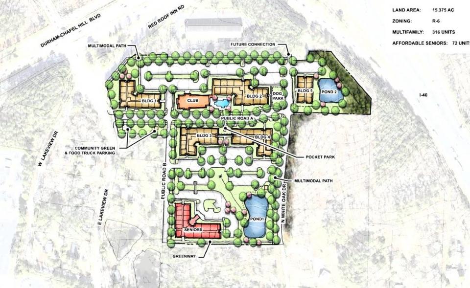 A site plan for Meridian Lakeview (formerly Gateway) shows the apartment project backing up to the Red Roof Inn on U.S. 15-501. The project could have up to 388 apartments, including some affordable units for adults age 55 and older (in red at bottom). Bryan Properties/Contributed