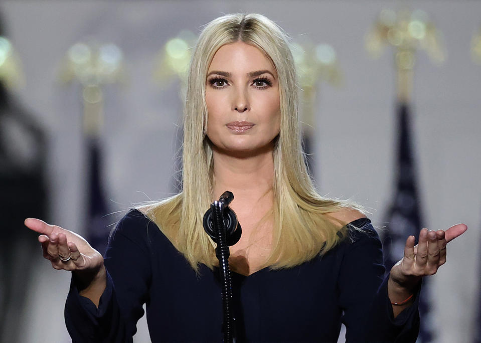 WASHINGTON, DC - AUGUST 27: Ivanka Trump, daughter of U.S. President Donald Trump and White House senior adviser, addresses attendees as Trump prepares to deliver his acceptance speech for the Republican presidential nomination on the South Lawn of the White House August 27, 2020 in Washington, DC. Trump is scheduled to deliver the speech in front of 1500 invited guests.  (Photo by Chip Somodevilla/Getty Images)