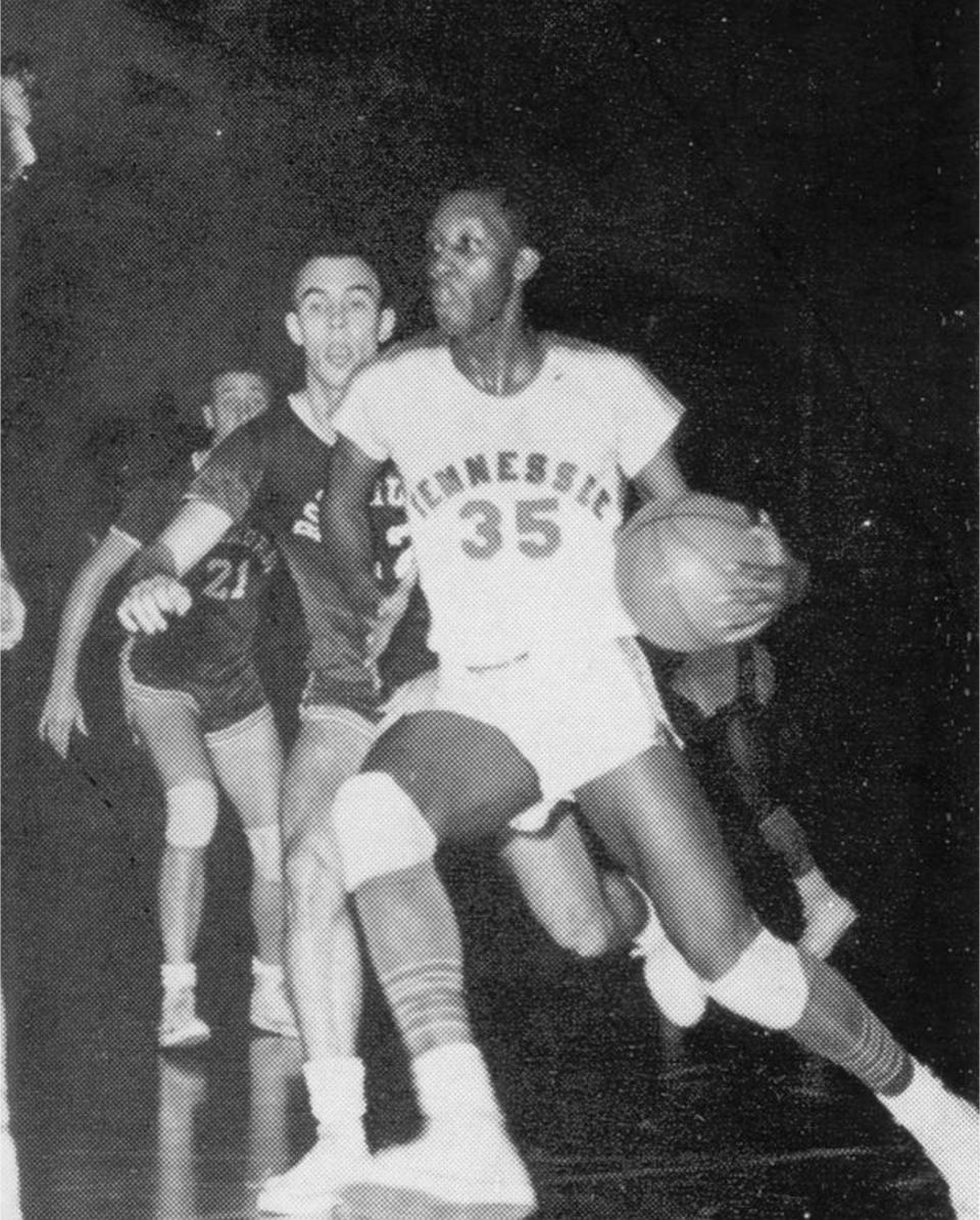 Dick Barnett drives to the basket during his playing days at Tennessee State University. His No. 35 was retired after winning three NAIA national championships at TSU.