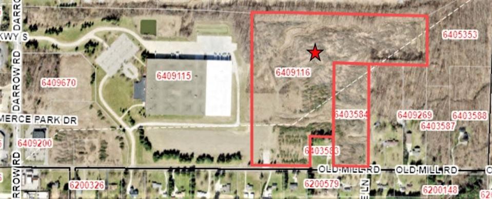 The area outlined in red is where Scannell Properties plans to erect two large industrial spec buildings. The site is on the north side of Old Mill Road, east of Siffron.