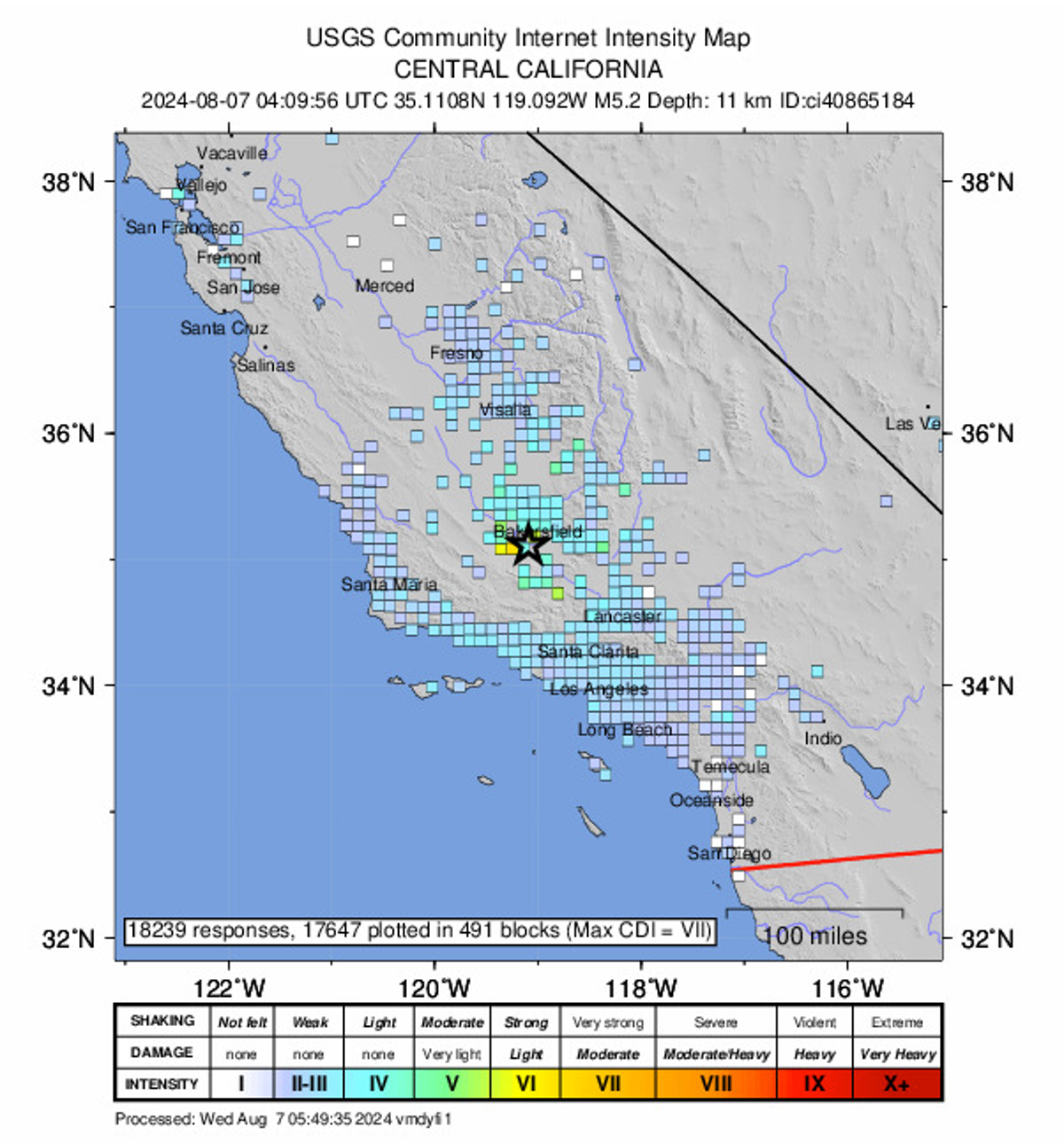 Californians’ responses on whether they felt the earthquake, and its intensity if they did (USGS)