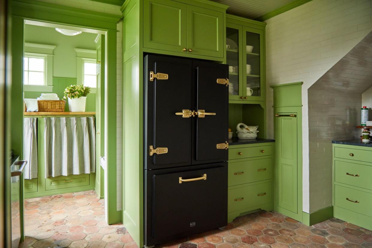 small cottage kitchen retro appliance green cabinetry clella design tenessee