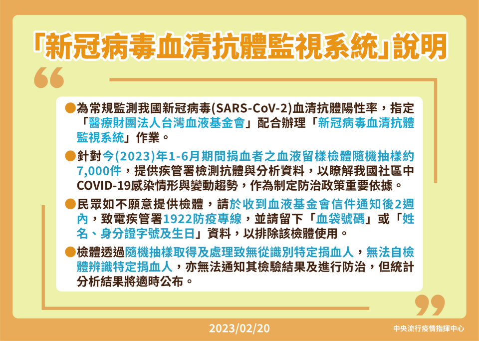 2/20疾管署捐血人血清抗體研究調查計畫說明   圖：中央流行疫情指揮中心/提供