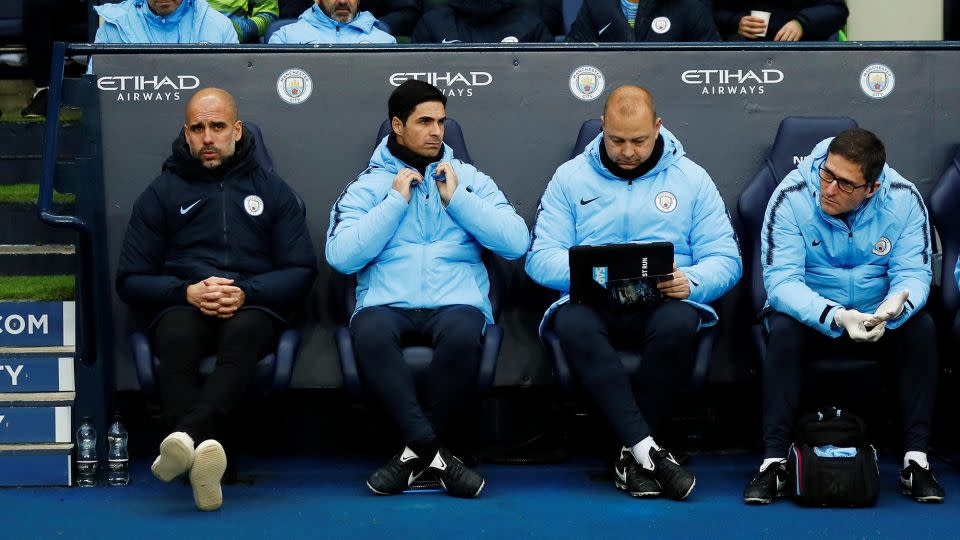 Arteta worked as an assistant coach under Guardiola at City. - Jason Cairnduff/Action Images/Reuters