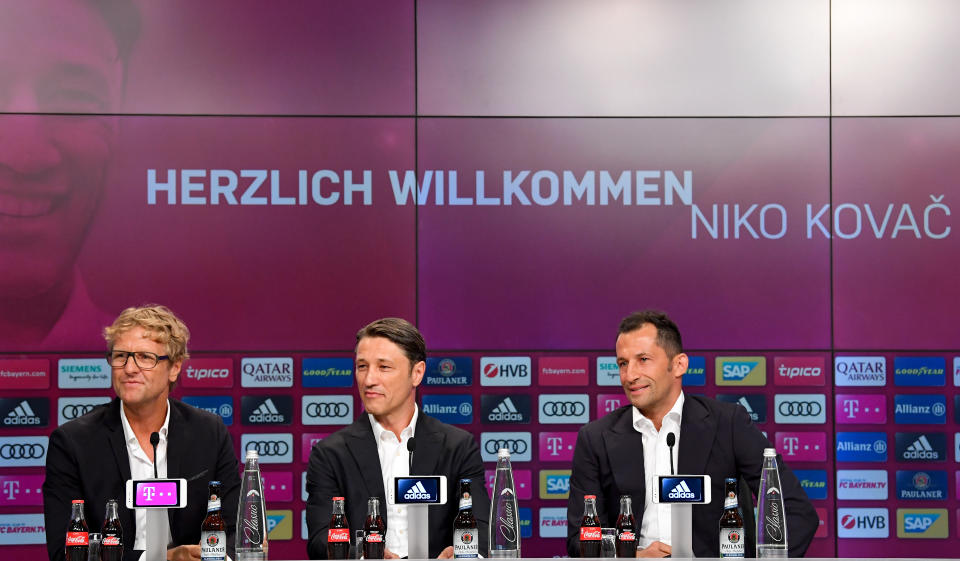 Erster Auftritt als Bayern-Trainer: Niko Kovac (M.) neben Sportdirektor Hasan Salihamidzic