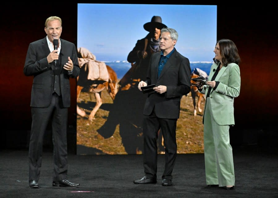 LAS VEGAS, NEVADA – APRIL 09: (L-R) Kevin CostnerMichael De Luca, Co-Chair & CEO, Warner Bros. Pictures Group and Pam Abdy, Co-Chair & CEO Warner Bros. Pictures Group speak onstage during the Warner Bros. Pictures Presentation during CinemaCon 2024 at The Colosseum at Caesars Palace on April 09, 2024 in Las Vegas, Nevada. (Photo by David Becker/Getty Images)