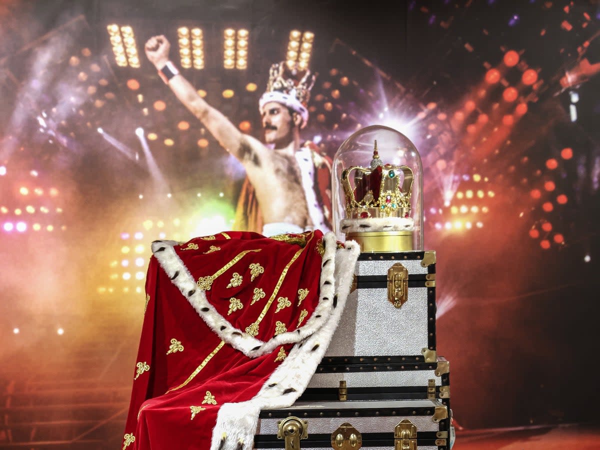 Freddie Mercury’s iconic crown and robe at Sotheby's (Tristan Fewings/Getty Images for Sotheby's)