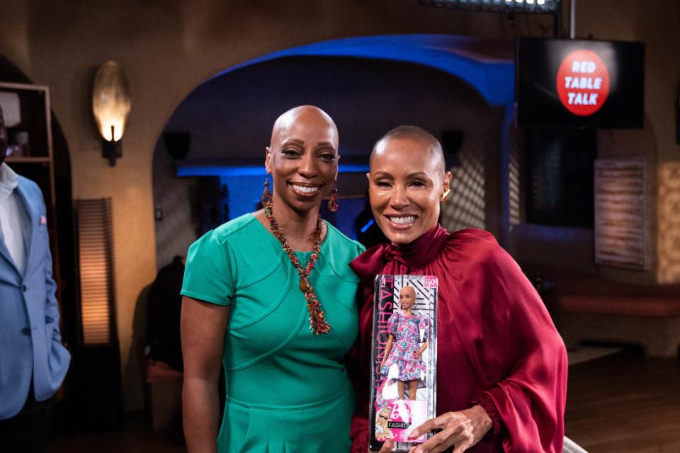 Nichole Aldridge with Jada Pinkett Smith and a bald Barbie doll she gifted the "Red Table Talk" host in early June 2022.