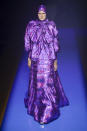<p><i>Purple iridescent ruffled gown with matching hood from the SS18 Gucci collection. (Photo: ImaxTree) </i></p>
